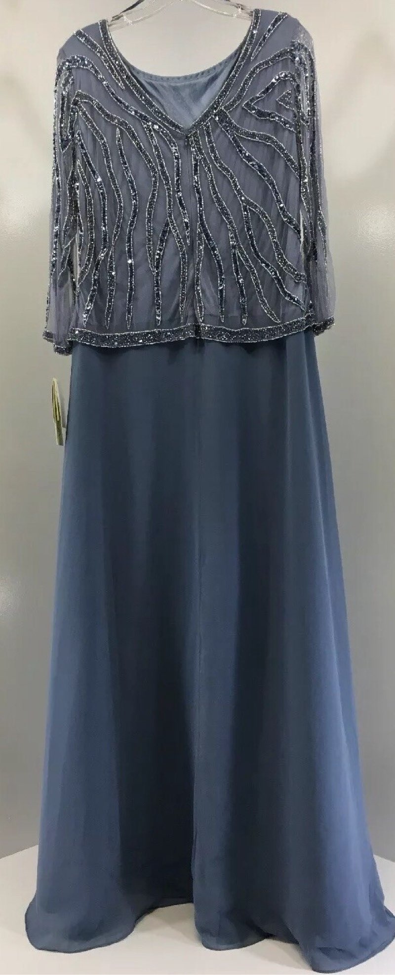  JKara Women’s Mother Of Bride Long Scoop Neck Beaded Dress Dusty Blue size 14 w 