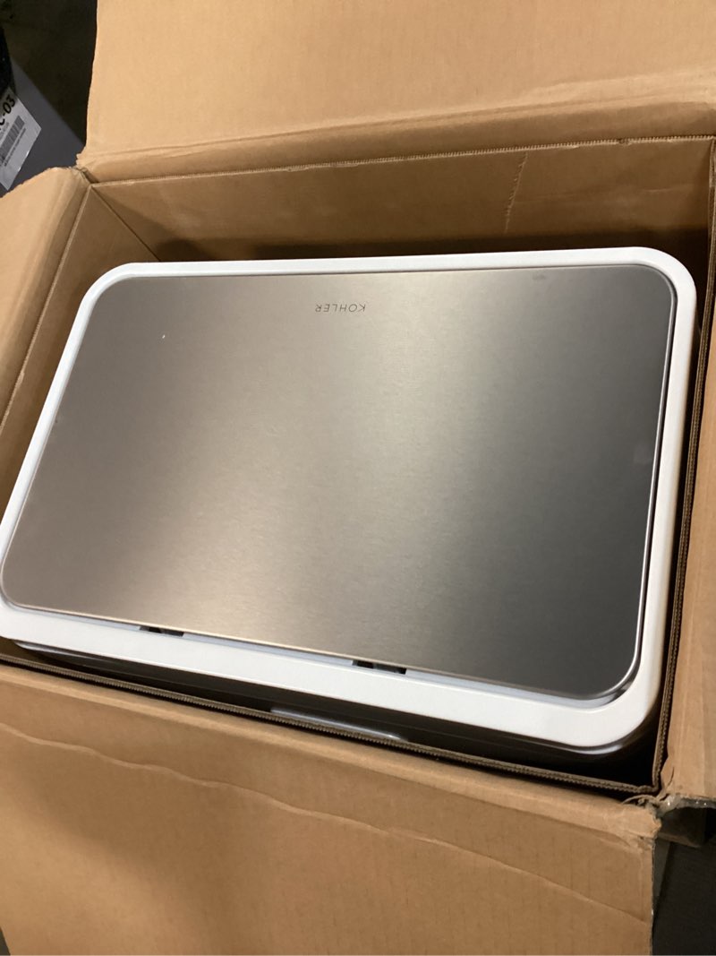 Condition photo showing Good Condition for kohler 13-gallon stainless steel step trash can, white stainless steel, hands-free pedal, quiet-close lid, fingerprint-resistant, durable, k-20940-stw