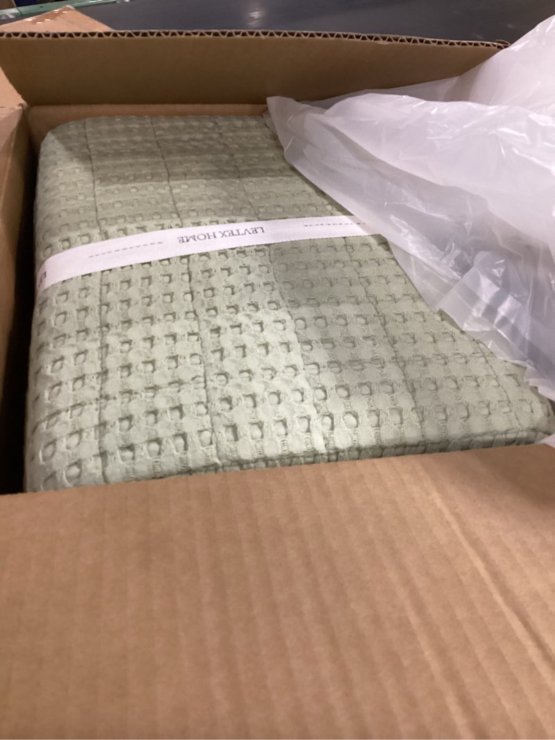 Condition photo showing Good Condition for levtex home mills waffle queen bedspread set (104x106in) with 2 pillow shams (26x20in) - desert sage - 100% cotton queen size bedspread set - lightweight, soft, pre-washed queen bedspread sage green