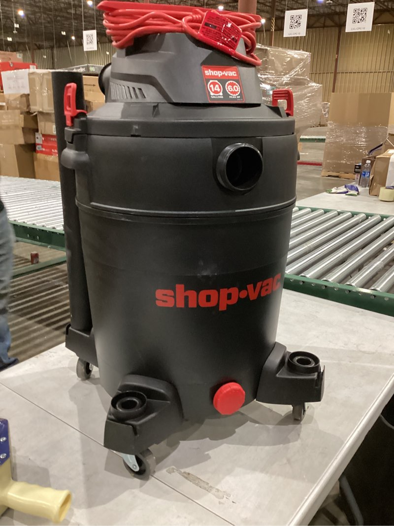 Condition photo showing As Is for similar not exact      shop-vac 5801411 14-gallon wet/dry shop vacuum, 5.5 peak hp, 2.5 inch diameter x 7 foot hose, 20 foot cord, ideal for home, garage, and workshop cleaning