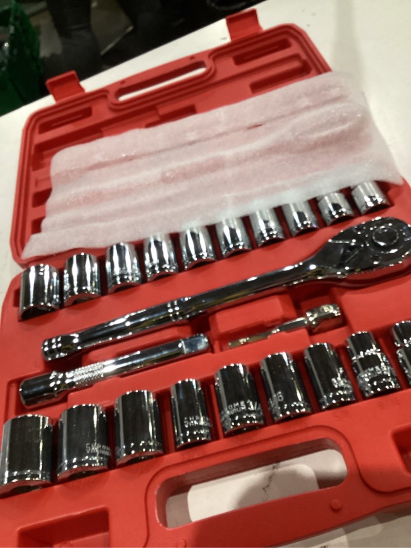 Condition photo showing Good Condition for egofine 1/2" drive socket set, 23 piece standard sae (7/16 to 1 inch) and metric (13-19, 21, 22, 24mm) 6 point, with quick release ratchet, extension bars, drive drill adapter 1/2" 23 pcs with 45 teeth ratchet
