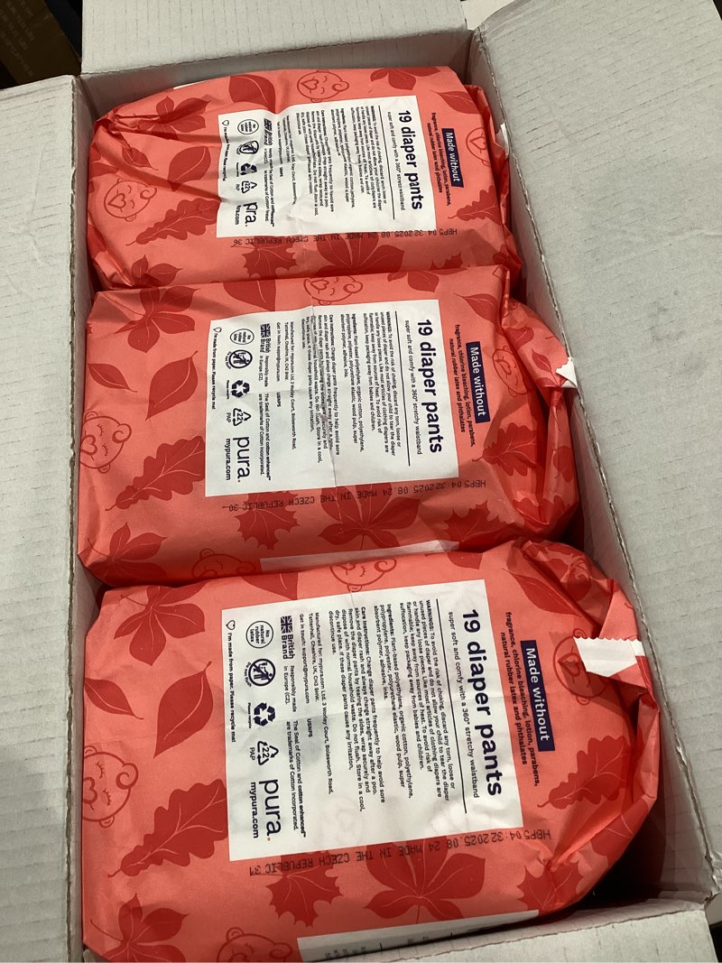 Condition photo showing Good Condition for pura hypoallergenic diaper pants size 5 (27-38 lbs) overnight, up to 12 hours leak protection, suitable for sensitive skin, totally chlorine free, soft organic cotton, 3 packs of 19 (57 pull up pants) size 5 (57 diaper pants)
