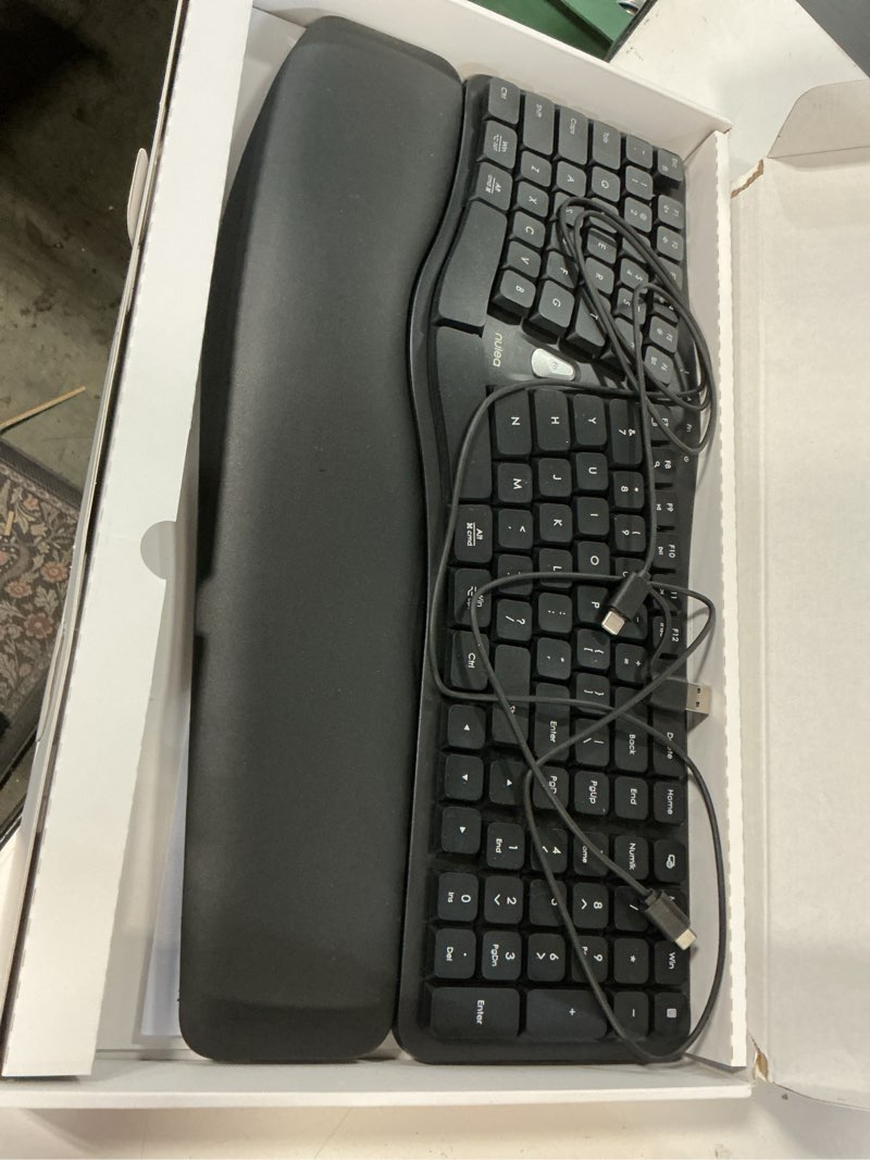 Condition photo showing As Is for nulea ergonomic split keyboard, wired natural typing keyboard with integrated palm rest for wrist pain relief, 2-in-1 type c&type a plug for mac,windows,office & home,black