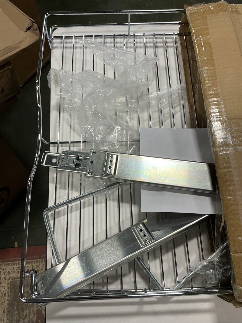 Condition photo showing As Is for DINDON 1 Tier Pull Out Cabinet Organizer (20" W x 21" D) Heavy-Duty Metal Sliding Drawer Shelf, Slide Out Wire Basket for Kitchen Cabinets, Pantry, Bathroom, Chrome Finish…… 20'' W X 21'' D Chrome