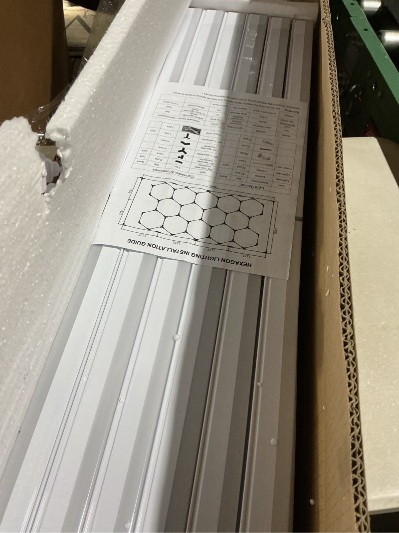 Condition photo showing Good Condition for hexagon garage lights with rectangle frame, high brightness 672w 86400lm 6500k, 14 hex grid for garage, shop, basement, car detailing shop etc. with mounting clip 14-grids non-dimmable