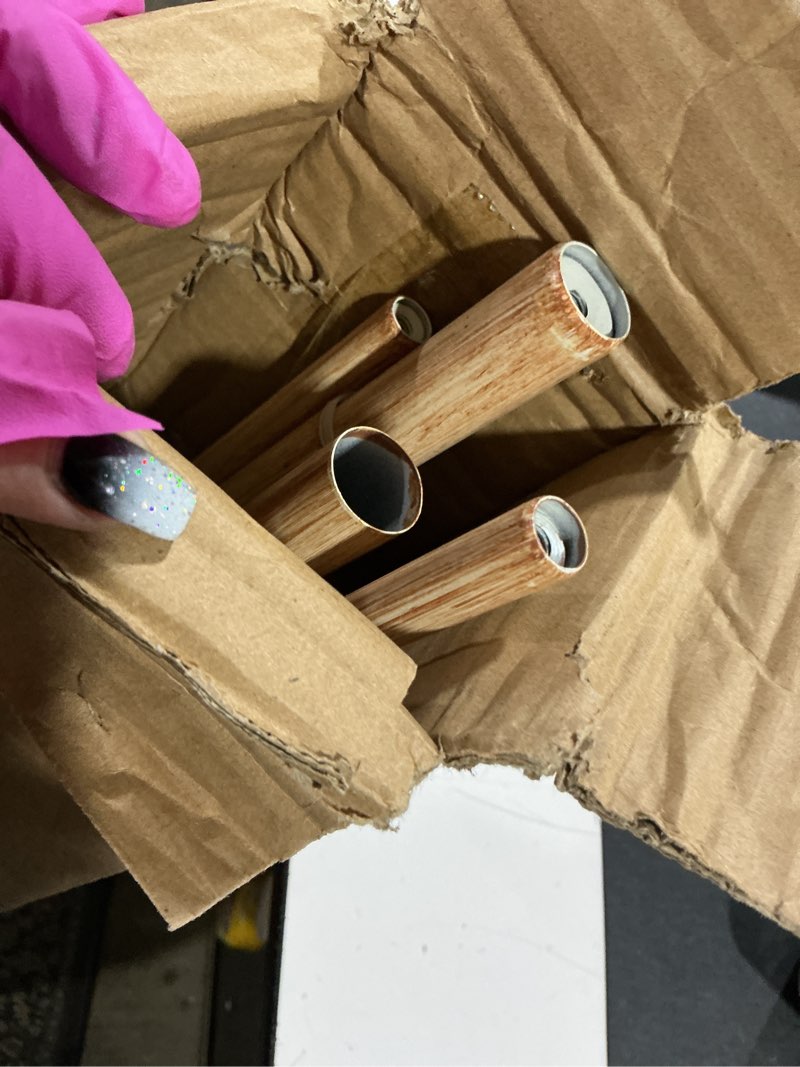 Condition photo showing Good Condition for wood double curtain rods set for windows 72 to 144 inches (6 to 12 ft), adjustable heavy duty dual drapery rods,1 inch boho rustic decorative design with imitation wood grain leaf finials brown wood grain 72-144"