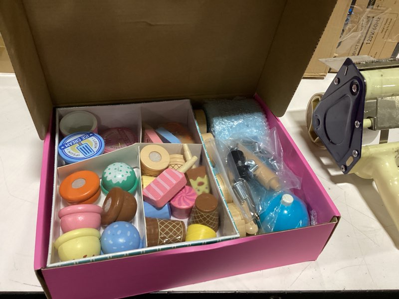 Condition photo showing New/Like New for atoylink wooden ice cream toys for kids pretend play food toys with scoop & menu & fake money, ice cream cart play store toys for toddlers girls 3 4 5 6 year old gift