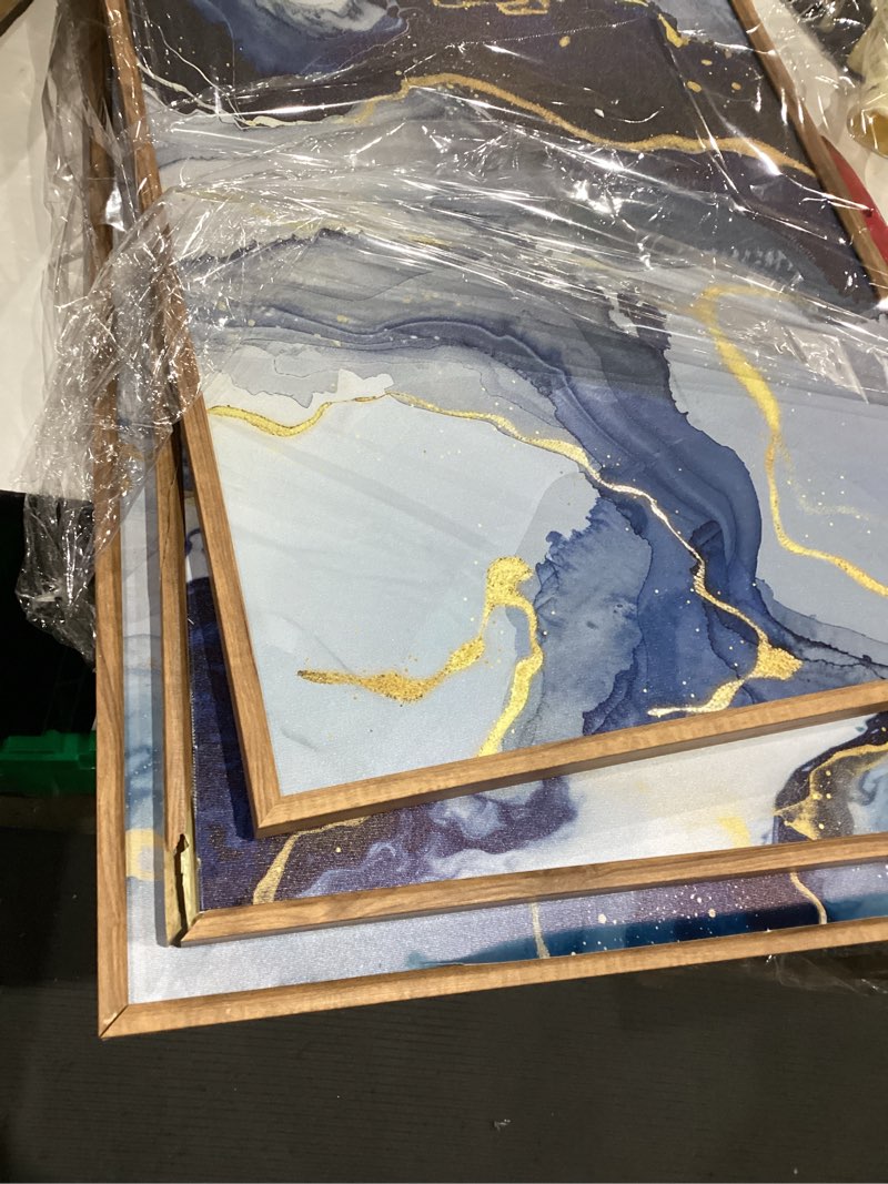 Condition photo showing As Is for navy blue and gold framed canvas wall art set,mid-century modern abstract wall decor,navy blue ink wash painting,neutral art print for living room,bedroom,dining room,office - 16"x24"x3 blue and gold wall art 16"l x 24"w