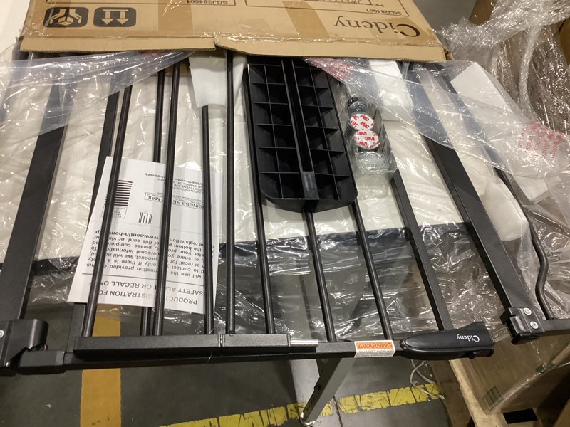 Condition photo showing As Is for baby gate for stairs no drilling, 29"-40" auto close dog gate indoor | doorways & stairs, pressure mounted adjustable pet gate, easy walk through child gate for children & pets stroller friendly black 29-40"wide, 28"tall