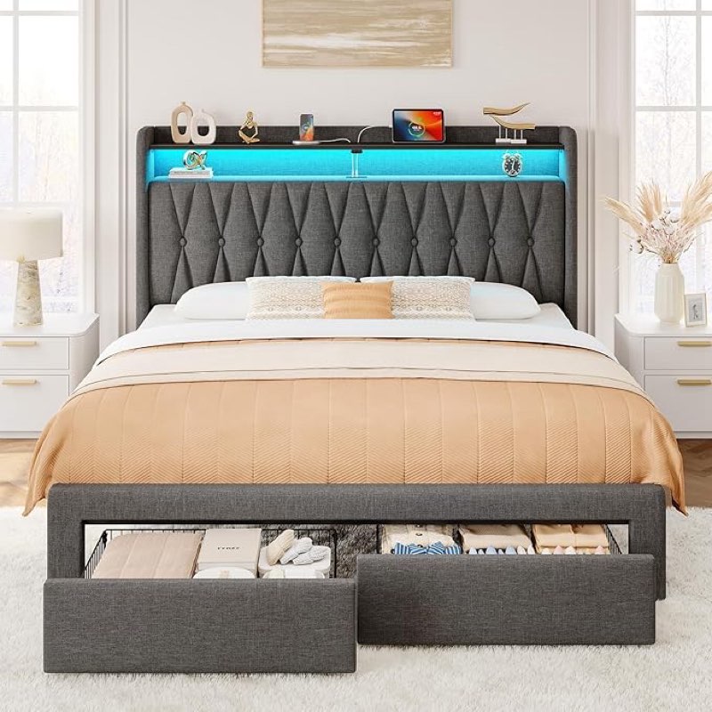 rolanstar queen bed frame with drawers, storage headboard with charging station and led lights, upholstered bed with heavy duty wood slats, no box spring needed, noise free, easy assembly, dark grey