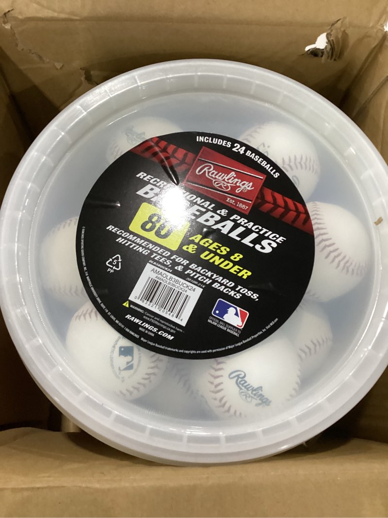 Condition photo showing New/Like New for rawlings | official league recreational use practice baseballs | youth/8u | olb3 | bucket | 24 count