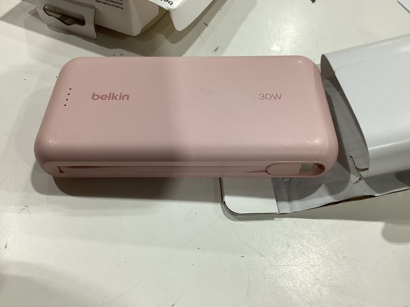 Condition photo showing Good Condition for belkin power bank with integrated cable, fast charging usb-c, 20000 mah 30w, portable charger power bank usb c for iphone 17, air, pro, pro max, ipad, airpods, apple watch, galaxy s25, & more - pink pink 20k mah