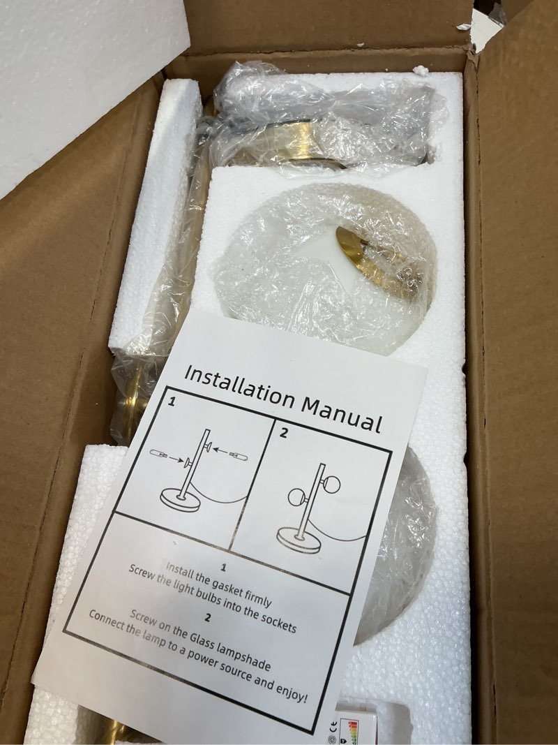 Condition photo showing Good Condition for Mid Century Table Lamp Modern Globe Table Lamp for Bedroom, Gold Nightstand Light for Offices Contemporary Living Room Decor 2 LED Globe Lights