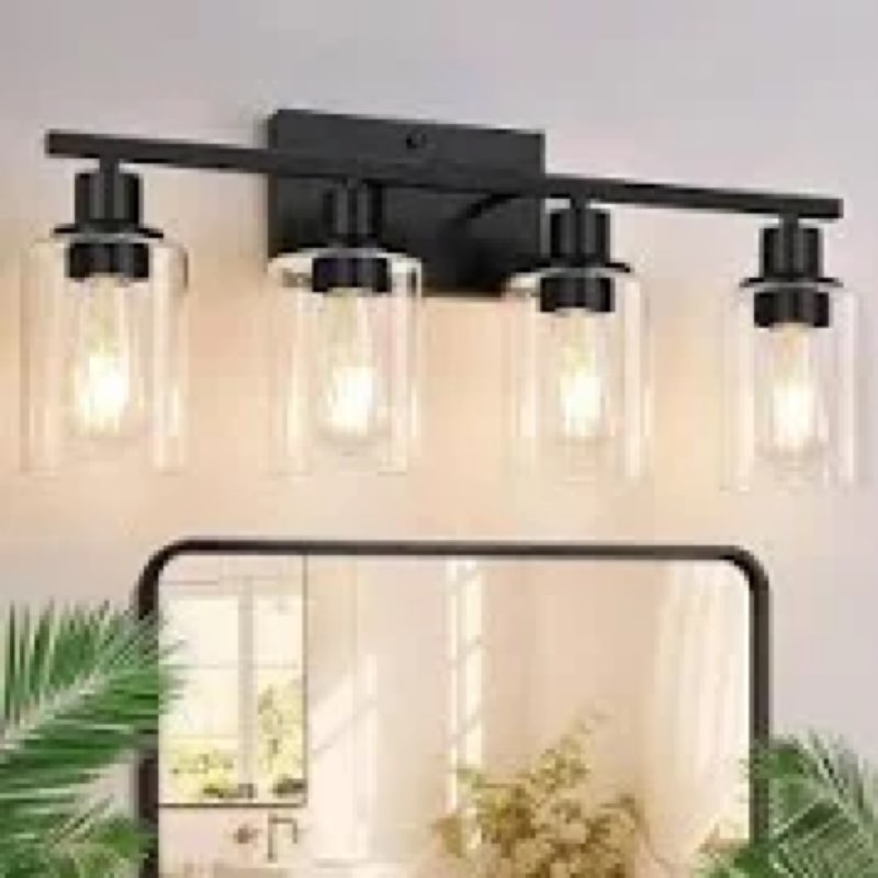  4-Light Matte Black Vanity Light with Clear Glass Shades – Modern Wall Sconce 