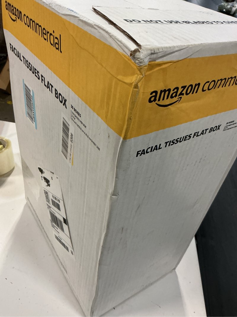 Condition photo showing New/Like New for amazoncommercial 2-ply white facial tissue, flat box, fsc certified, unscented, 3000 count (30 packs of 100), 8 x 8 sheet flat box ( 30 boxes)