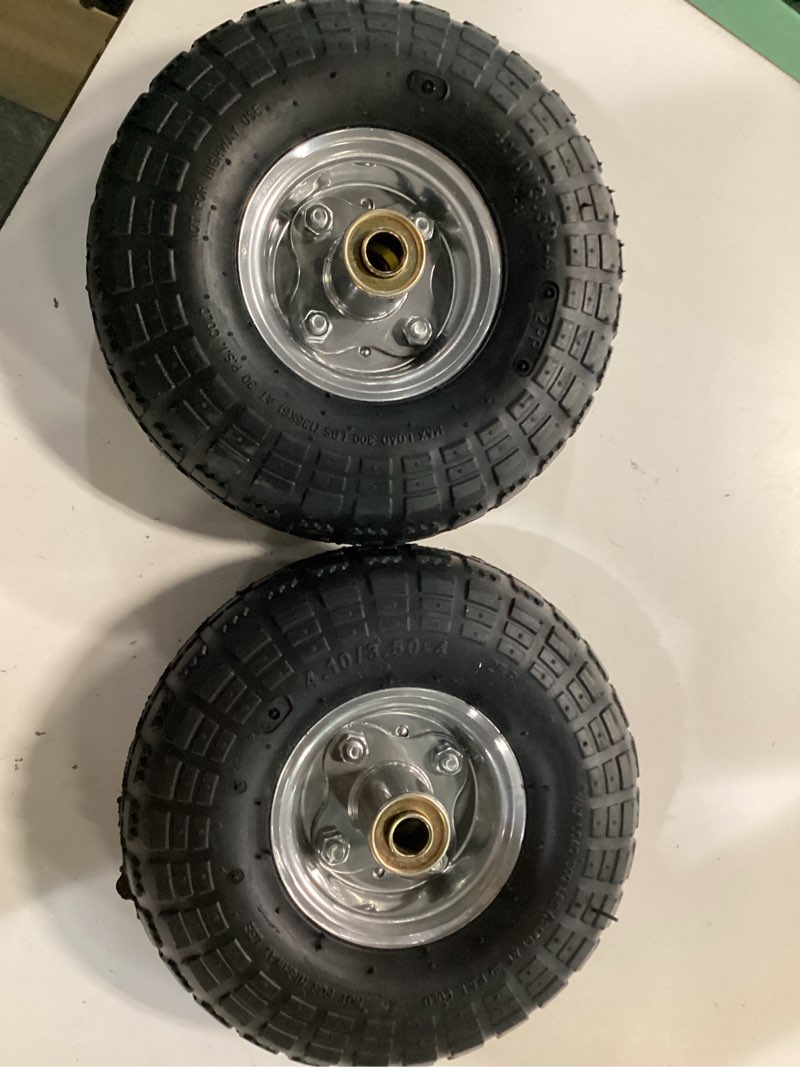Condition photo showing New/Like New for gicool 4.10/3.50-4" tire and wheel, 10" pneumatic tire, with 2.25" offset hub, 5/8" axle bore hole, sealed bearings, for hand truck trolley dolly garden wagon cart wheel replacement, 2 pack