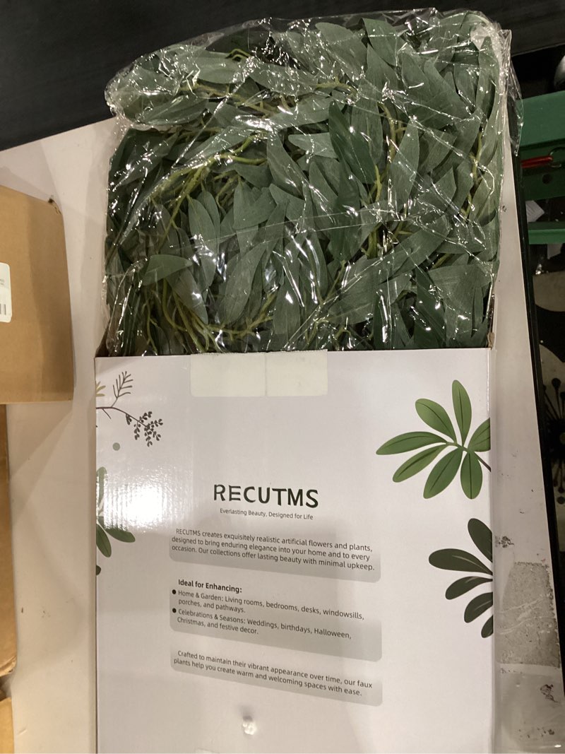 Condition photo showing New/Like New for RECUTMS Artificial Willow Leaves Vine Twigs 2Pcs 6Ft Fake Hanging Plant Silk Willows Leaf Ivy Garland Faux Italian Ruscus Greenery Indoor Outdoor Wedding Arch Jungle Beach Birthday Party Garden Decor Dark Green Willow Vine