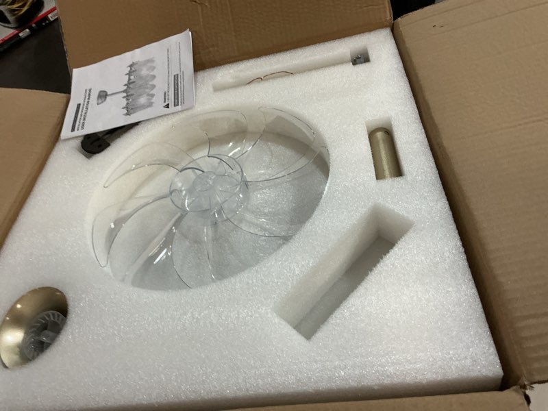 Condition photo showing New/Like New for Crystal Fandelier Ceiling Fan with Light Chandelier Fan Glass Semi Flush Mount Remote Control 6 Speeds 20 Inch Low Profile for Girl's Bedroom Living Room Kitchen Island 20 Inch Gold Mid Century Ceiling Fan with Light