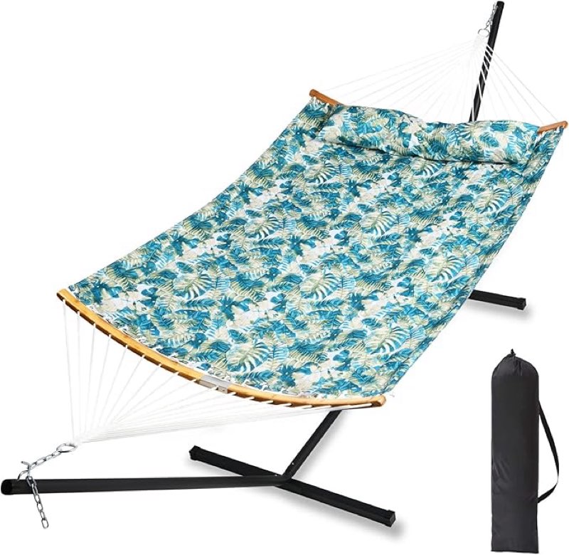 HENG FENG Outdoor Hammock with Stand Included 2 Person Heavy Duty Hammocks Curved Bamboo Spreader Bars,Detachable Pillow,Palm