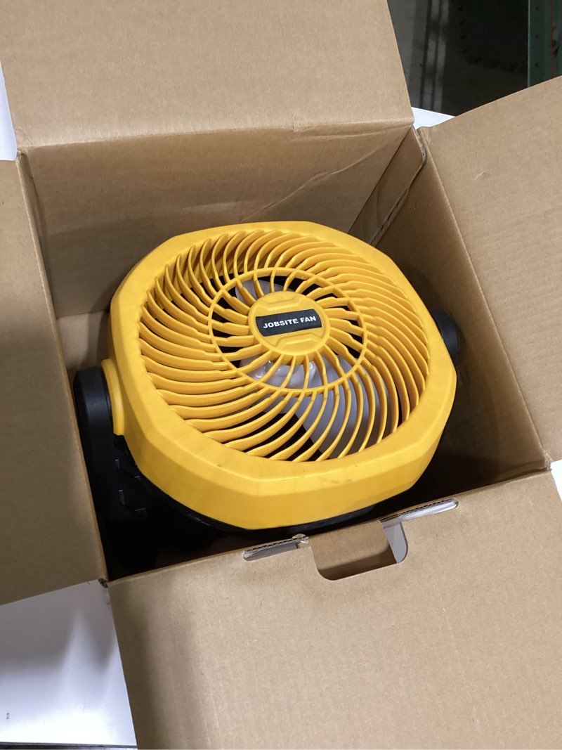 Condition photo showing New/Like New for battery powered fan compatible with dewalt 20v max battery with ac adapter (no battery) up to 650cfm, variable speed, low noise 30db, portable cordless fan for camping, jobsite yellow (compatible with dewalt 20v max battery)