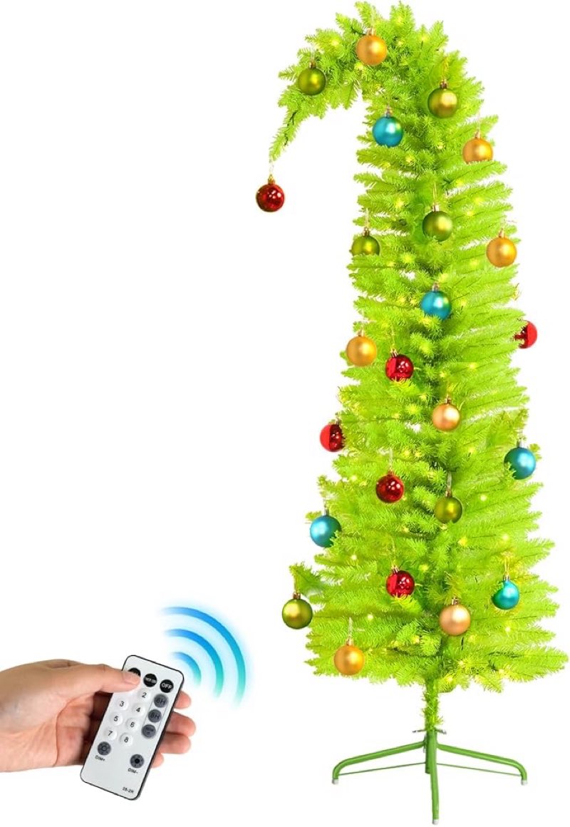 6FT Whimsical Christmas Tree Prelit, Artificial Bent Lime Green Christmas Tree with Lights and Ball 