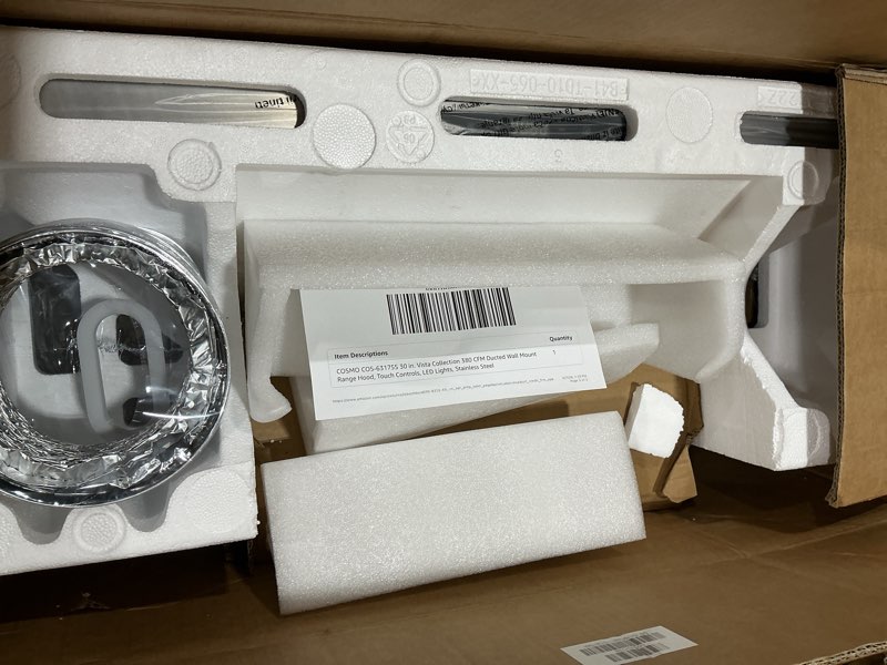 Condition photo showing New/Like New for cosmo cos-63175s 30 in. vista collection 380 cfm ducted wall mount range hood, touch controls, led lights, stainless steel 30 inch touch stainless steel