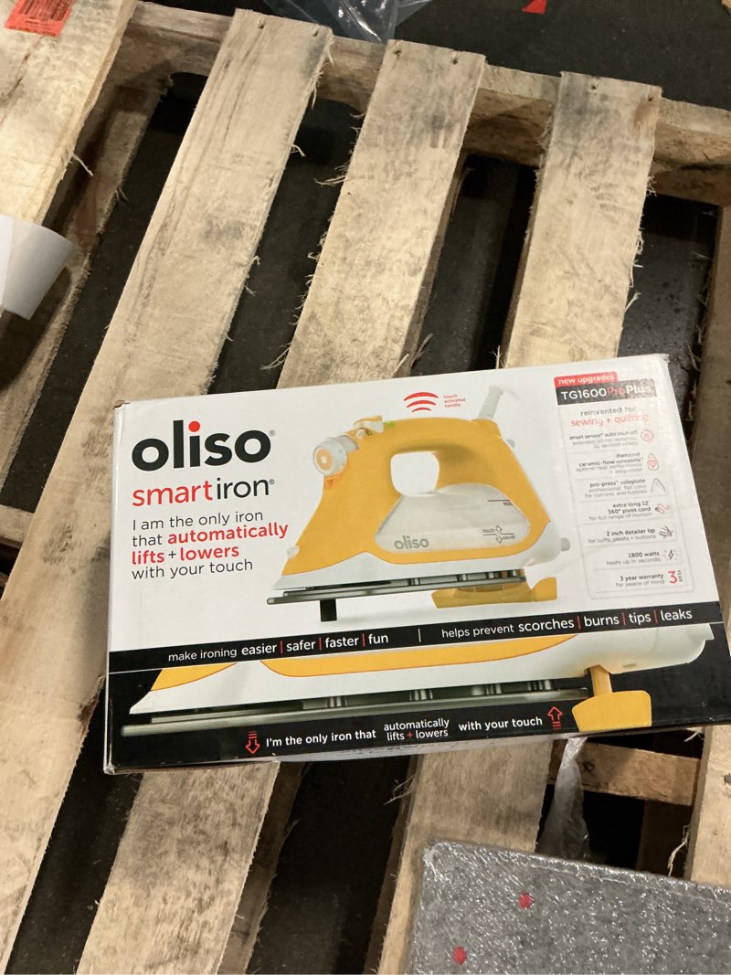 Condition photo showing New/Like New for oliso tg1600 pro plus 1800 watt smartiron with auto lift - for clothes  sewing  quilting and crafting ironing | diamond ceramic-flow soleplate steam iron  yellow