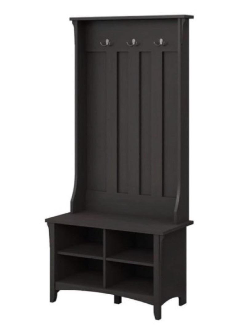 bush furniture salinas hall tree with shoe storage bench in antique white, multi-purpose home organizer, entryway solution with seating and hooks