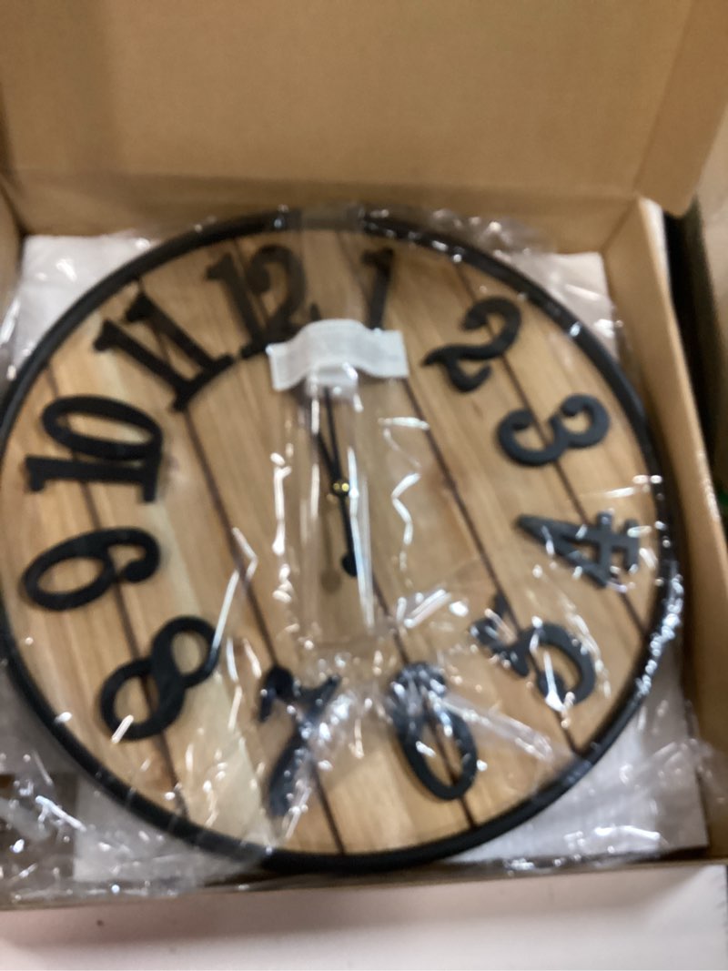 Condition photo showing Good Condition for Large Wall Clock 24IN, Silent Metal Wood Style Wall Clocks Battery Operated for Living Room Decor, Farmhouse Big Wall Clock, Outdoor Wood-arabic 24IN