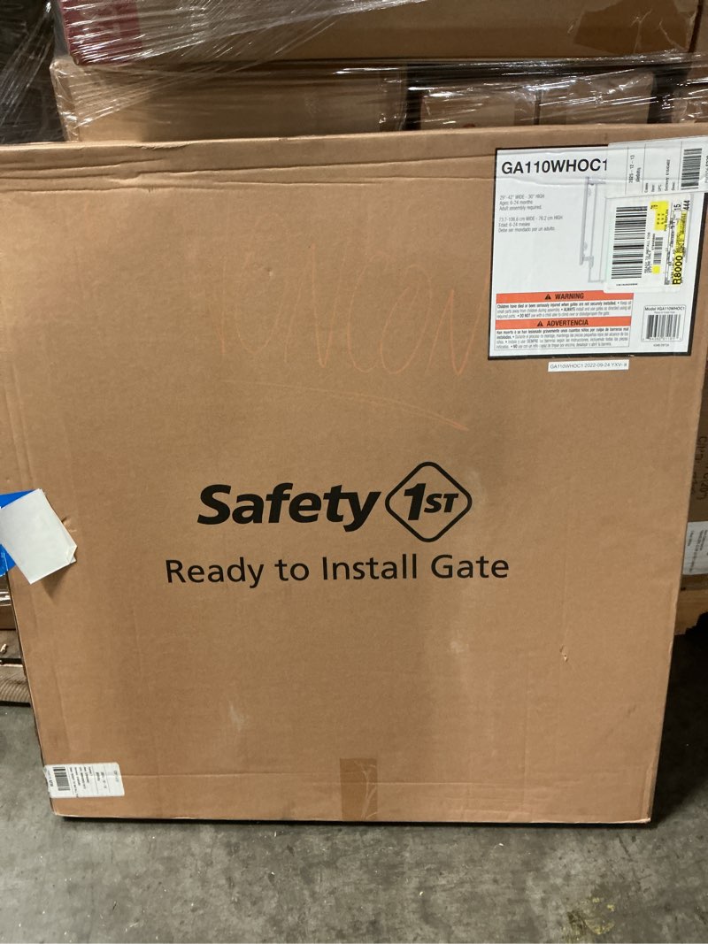 Condition photo showing New/Like New for safety 1st ready to install 28 in. top of stairs child safety gate in white