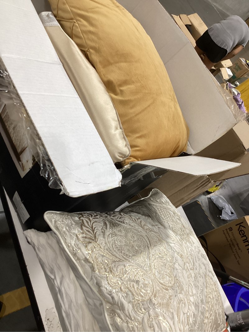 Condition photo showing Good Condition for luxury king comforter set, champagne gold beige cream jacquard | 7-piece all season fluffy bedding, vintage floral damask bed in a bag with bed skirt, shams, pillows, silky down alternative champagne gold/beige/cream king (104" x 90")