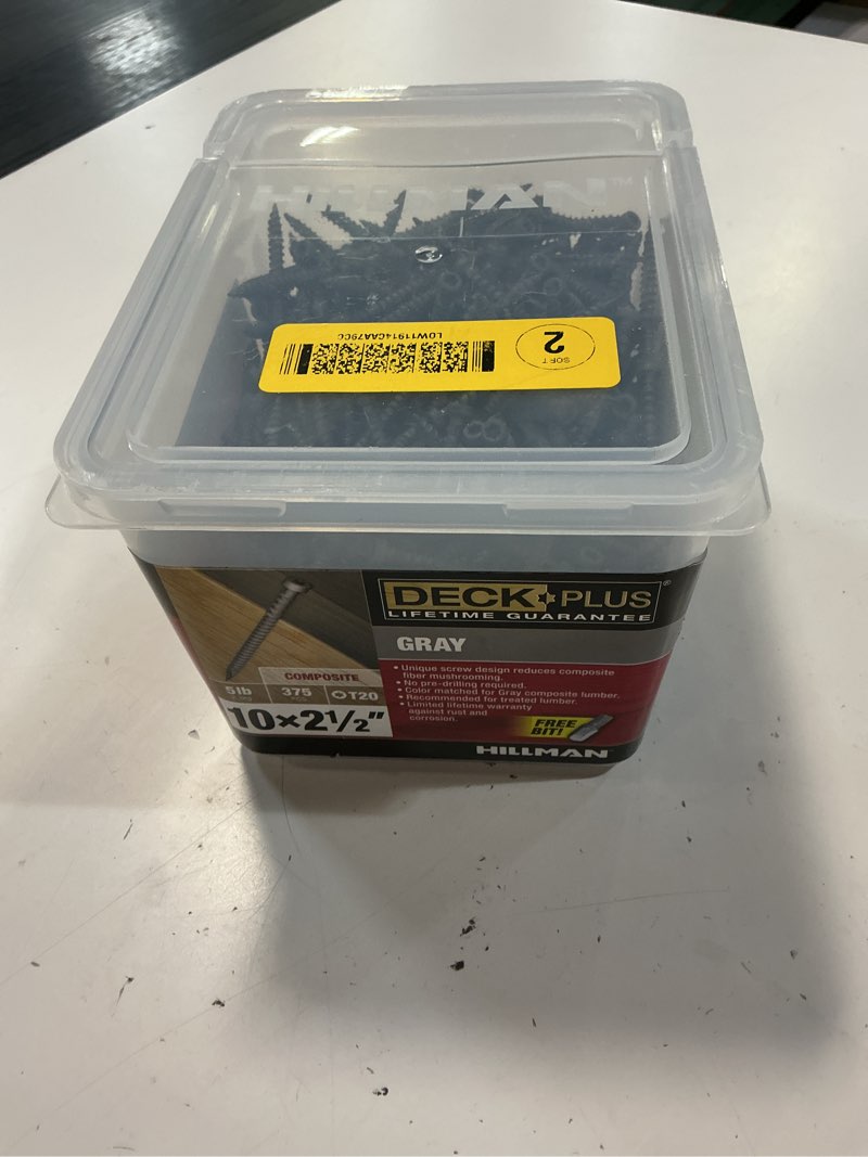 Condition photo showing New/Like New for hillman deck plus no. 10 ga. x 2-1/2 in. l gray star flat head composite deck screws 5 lb 375 pk