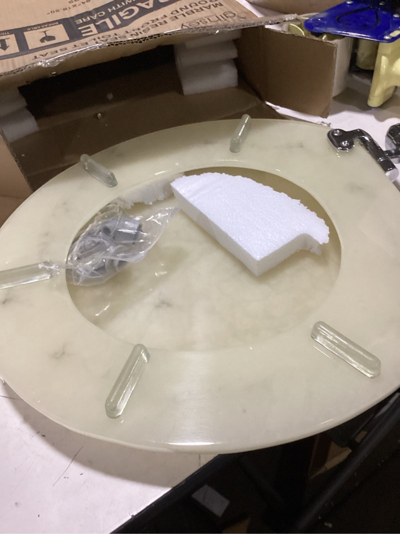Condition photo showing As Is for (similar to )angol shiold elongated marble toilet seat with zinc alloy hinges, easy to install and clean, anti-pinch (gray) elongated-18.5” grey marble