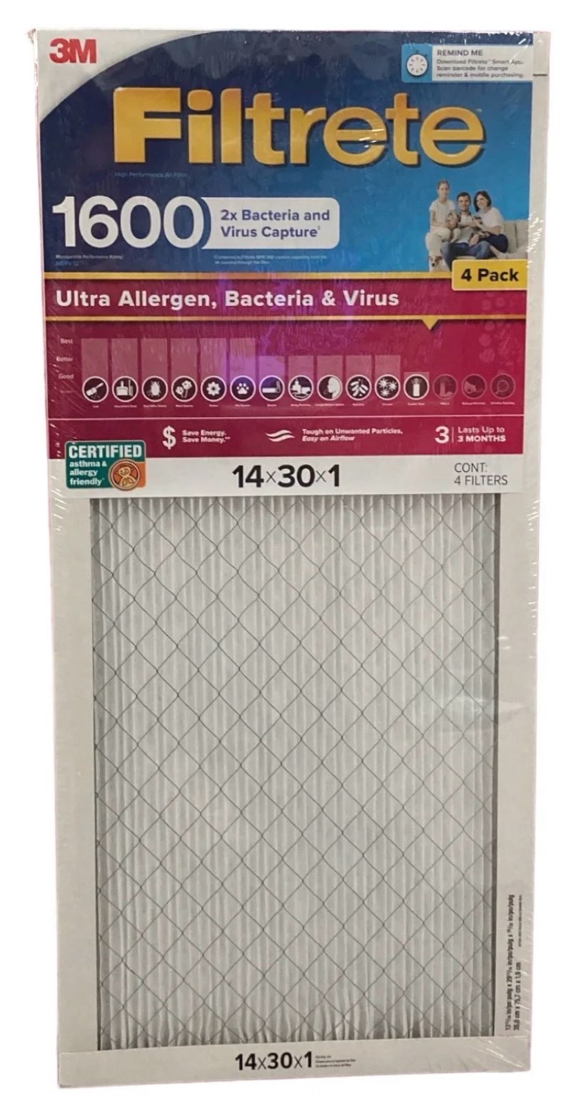 filtrete ultra allergen 2x bacteria & virus filter (1600 mpr), 30x14x1 (4 pack)