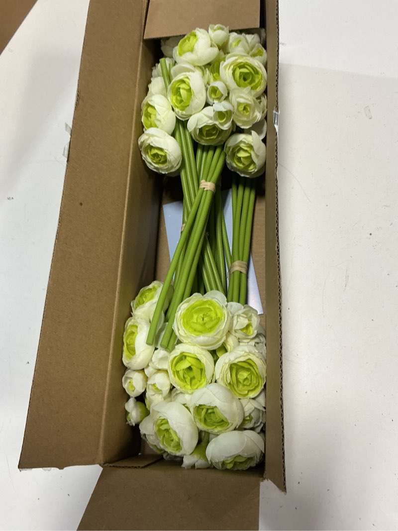 Condition photo showing New/Like New for alupssuc 30pcs ranunculus artificial flowers faux silk mini ranunculus, spring flowers artificial indoor for diy bouquets, bulk fake wedding filler flowers for bride decorations & arrangements, green green 30
