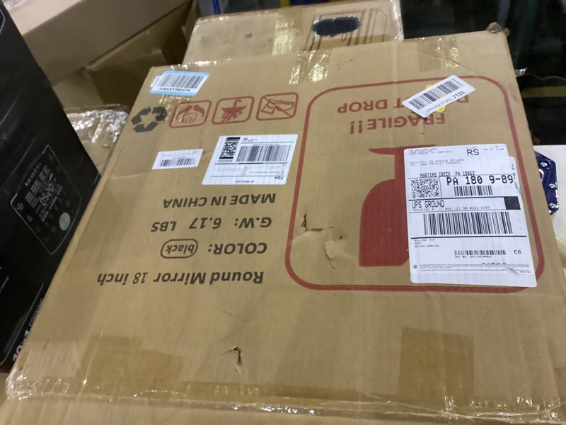 Condition photo showing New/Like New for 18 inch Round Mirror, Round Wall Mirror, Metal Frame Black Circle Mirror, Black Round Mirrors for Wall, Bathroom, Bedroom, Vanity, Hallway. Black 18"L x 18"W