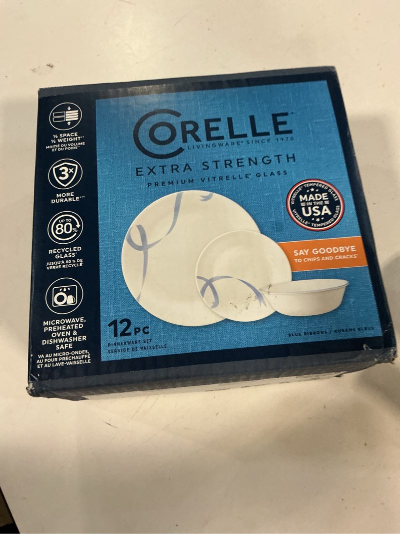 Condition photo showing New/Like New for corelle blue ribbons 12-piece glass dinnerware set (service for 4)