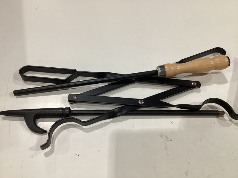 Condition photo showing New/Like New for heavy duty 32” long fireplace fire pit campfire poker stick and 26” fireplace tongs tool sets, log grabber, rust resistant black finish camping fireplace tools for indoor/outdoor fireplace set