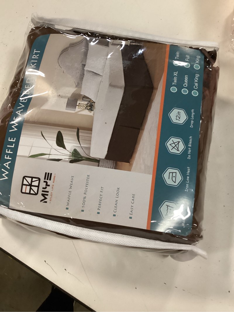 Condition photo showing New/Like New for miye pleated waffle weave bed skirt, tailored dust ruffle 12 inch drop easy fit, machine washable (brown, queen - 12" drop) brown queen - 12" drop