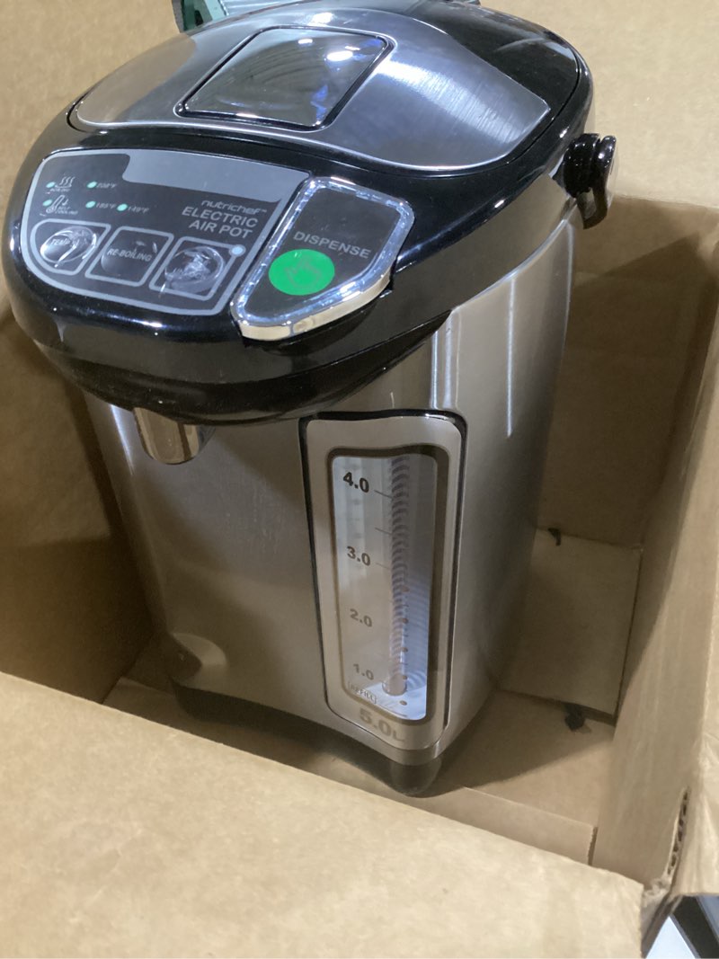 Condition photo showing As Is for NutriChef Electric Water Boiler and Warmer - 5L/5.28 Qt Stainless Steel Hot Water Dispenser w/Rotating Base, Keep Warm Temperature Set, Auto Shut Off, Safety Lock, Instant Heating for Coffee & Tea 5.3 Quarts