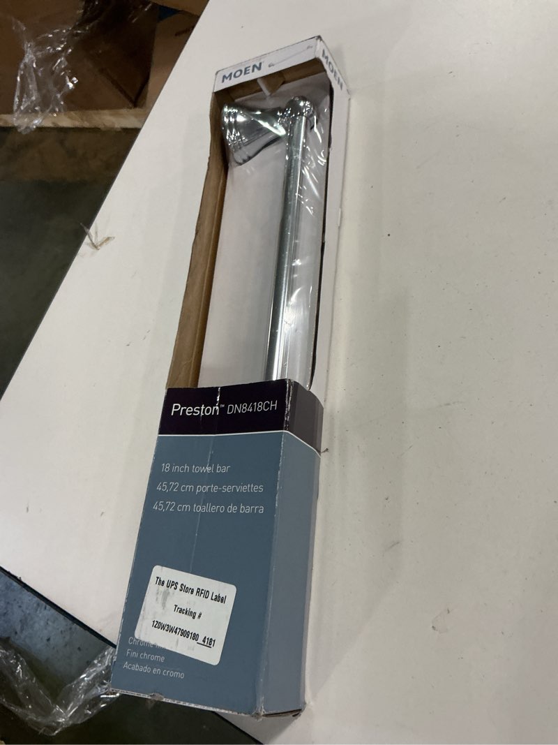 Condition photo showing New/Like New for Moen DN8418CH Preston Collection 18-Inch Single Bar Bathroom Towel Bar, Chrome Chrome 18 Inch 18" Towel Bar