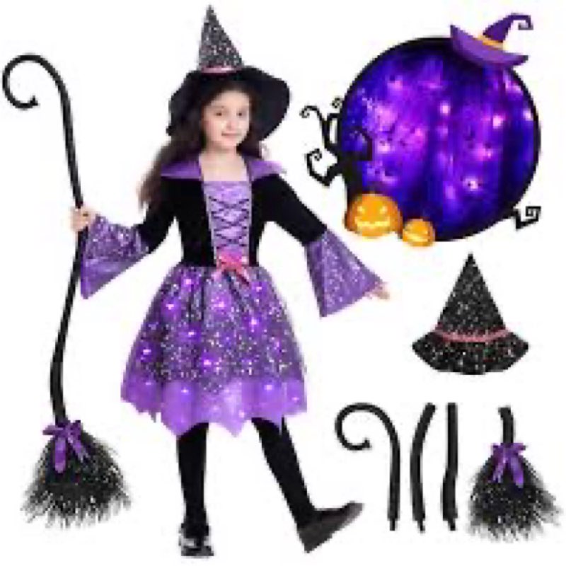 poshetion glow in the dark witch costume for girls - toddler halloween dress-up with broom, hat & gl