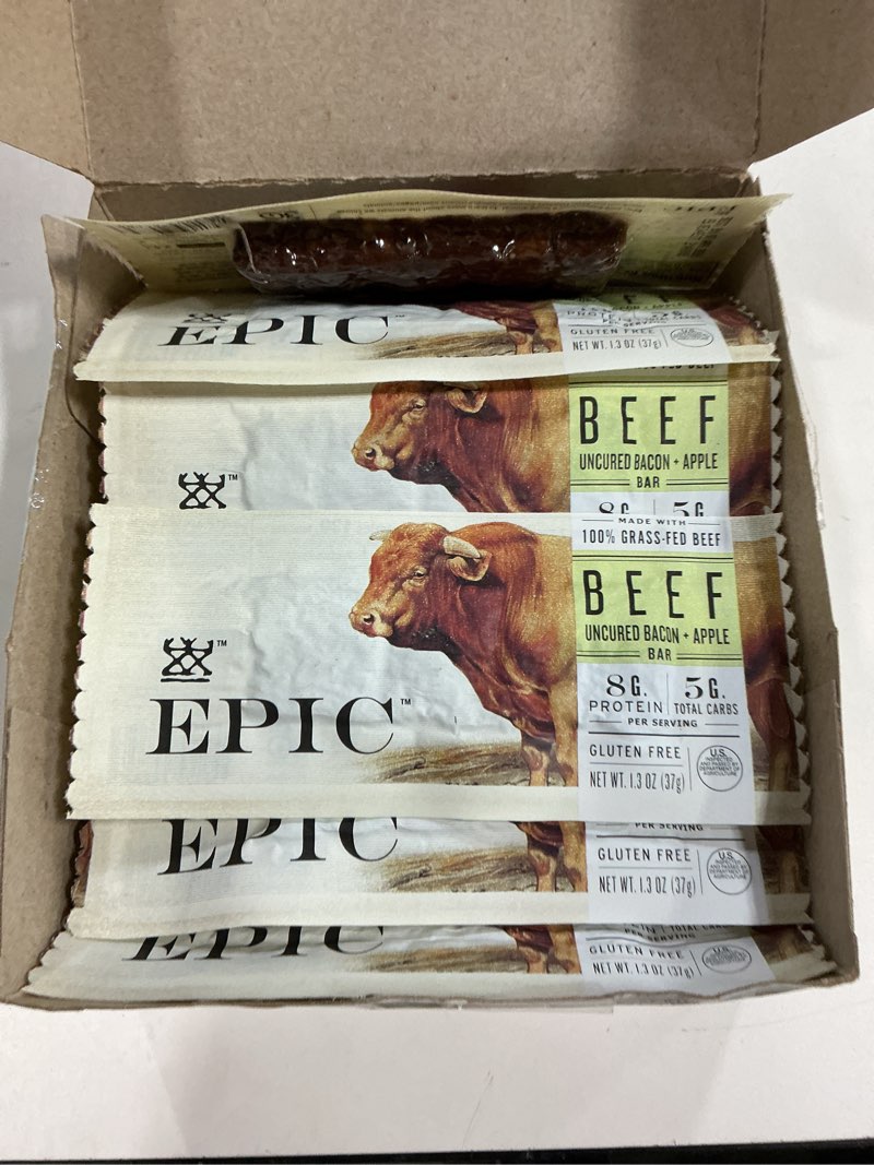 Condition photo showing New/Like New for Best by 04/07/26 Epic Beef Apple Bacon Bars, Whole30, Paleo Friendly, 12 ct Beef Apple Bacon 12 Count (Pack of 1)