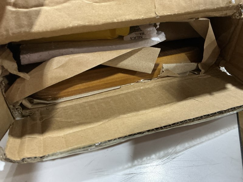 Condition photo showing As Is for KIVY Dual Monitor Riser with Integrated Metal Shelf - Wooden desk shelf for top of desk - Wood monitor stand for desk 2 monitors / tv - Dual monitor stand riser for desk - Large walnut monitor stand Walnut Wood