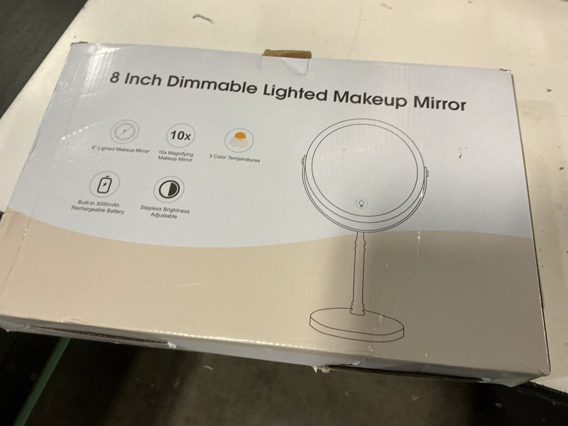 Condition photo showing New/Like New for lighted makeup mirror, 3000 mah rechargeable double sided magnifying vanity mirror with 3 colors, 1x/10x, 360° rotation , brightness adjustable magnification cosmetic light up mirror, women gift chrome