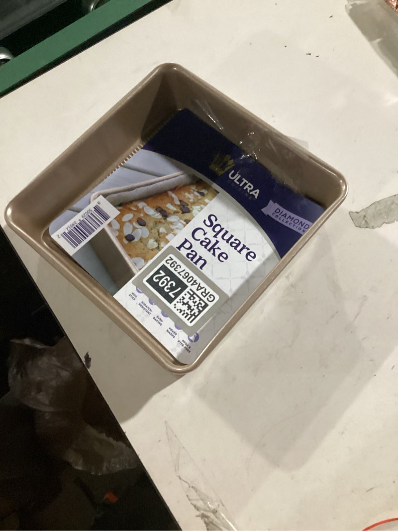 Condition photo showing As Is for Ultra Cuisine Nonstick Square Cake Pan, Even Baking and Roasting, Easy to Clean, Durable Quality, Warp & Scratch Resistant Texture for Easy Release, Food-Safe, Size 8 x 8 inch 8.46 x 8.46 x 2.24 Champagne