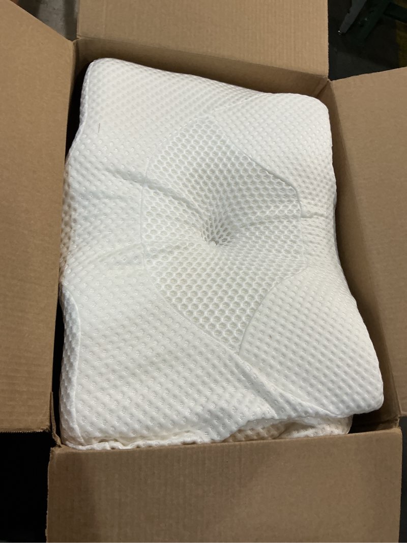 Condition photo showing As Is for osteo cervical pillow for neck pain relief, hollow design odorless memory foam pillows with cooling case, adjustable orthopedic bed pillow for sleeping, support for side back sleepers standard high(24.5*16.5*5.2/4.1 inches) white
