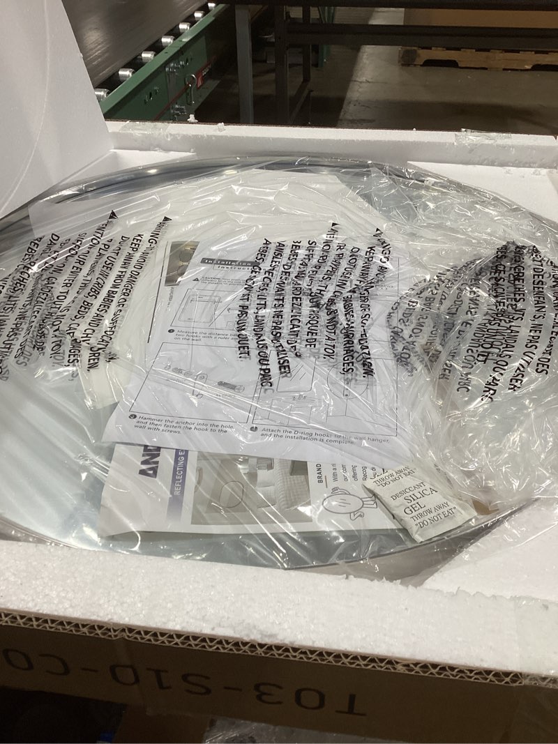 Condition photo showing Good Condition for ANDY STAR Round Bathroom Mirror, 24’’ Polished Chrome Round Bathroom Mirrors in Stainless Steel Metal Frame 1" Deep Set Design 7 Chrome 24"L x 24"W