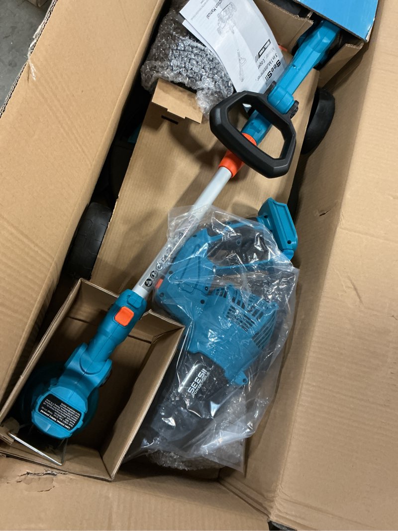 Condition photo showing Good Condition for SEESII Electric String Trimmer and Leaf Blower Combo Kit, 3 in 1 Cordless Weed Wacker Grass Eater with 1.3"/2.1" Height, Battery 12" Lawn Mower & Rotary Handheld Blower with 5-Speed for Yard Lawn