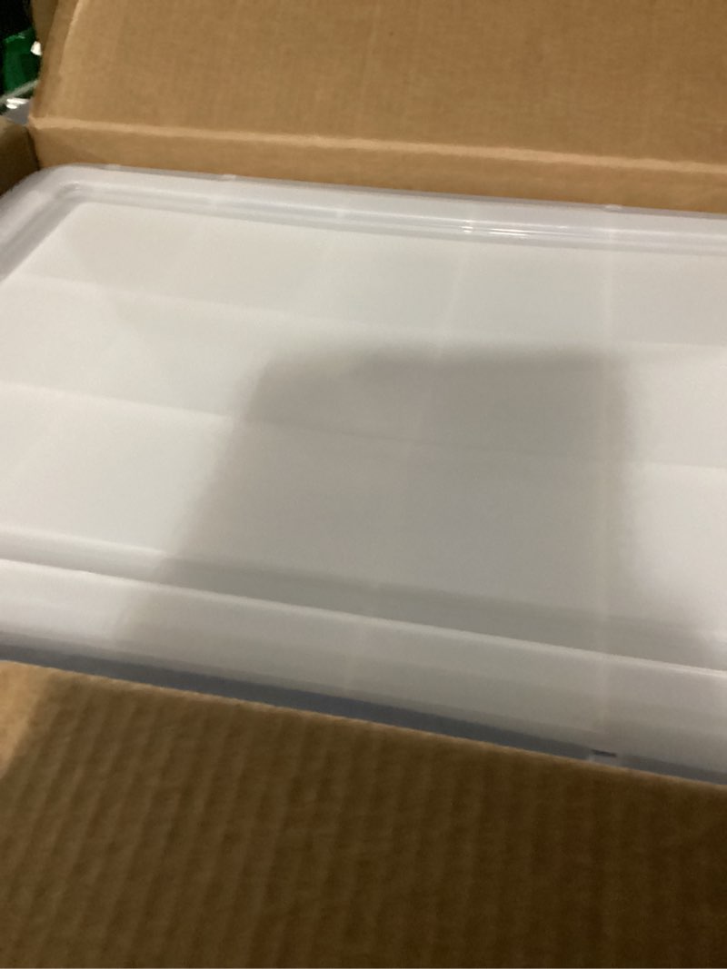 Condition photo showing Good Condition for IRIS USA WeatherPro 74 Qt Storage Bins with Lids, 3 Pack, BPA-Free Plastic Gasket Box with Tight Latch and Seal, Stackable Nestable Tote Tub - Clear/Blue 74 Qt. - 3 Pack